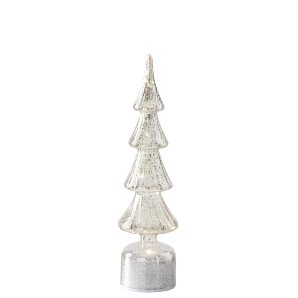 Medium silver mercury glass LED Christmas tree with warm internal lighting on a white background.
