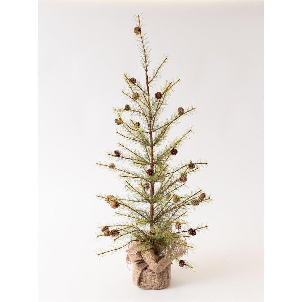 Medium pine tree adorned with pinecones and a rustic burlap-wrapped base.