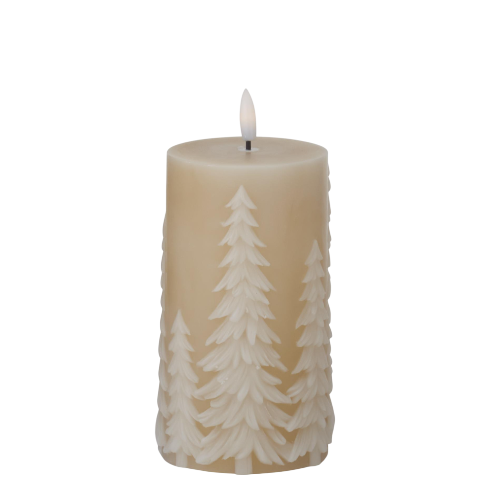 A medium tan LED pillar candle featuring an embossed tree pattern and a built-in timer.
