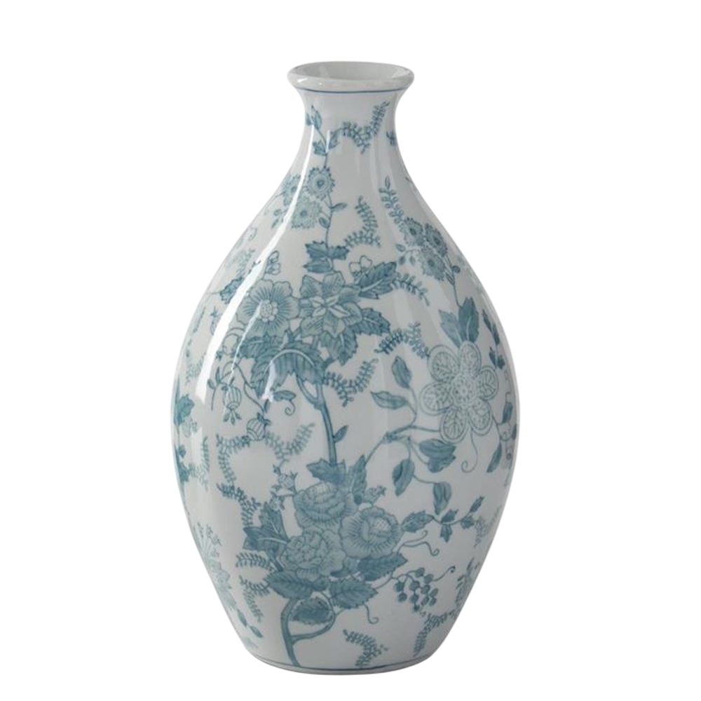 Teal and white porcelain Chinoiserie vase featuring an intricate floral pattern on a teardrop-shaped ceramic body.