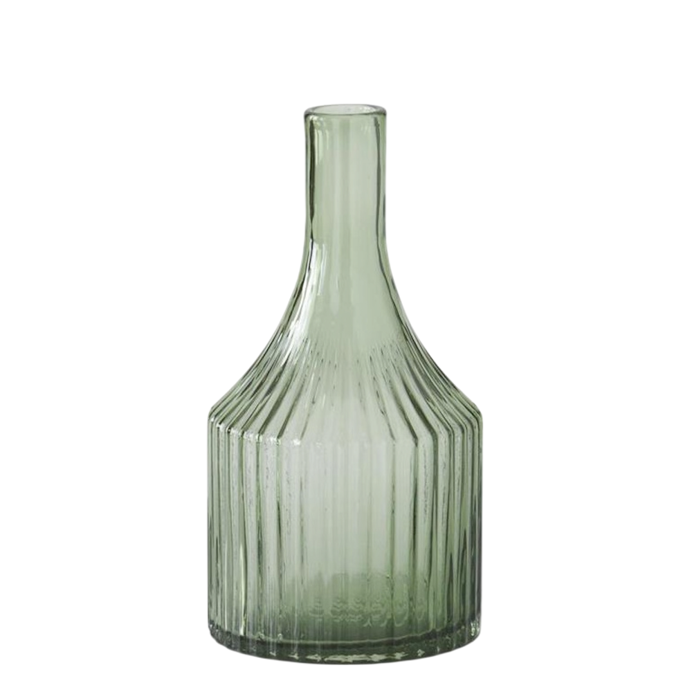 Transparent green glass vase with vertical ribbed texture and a narrow neck.
