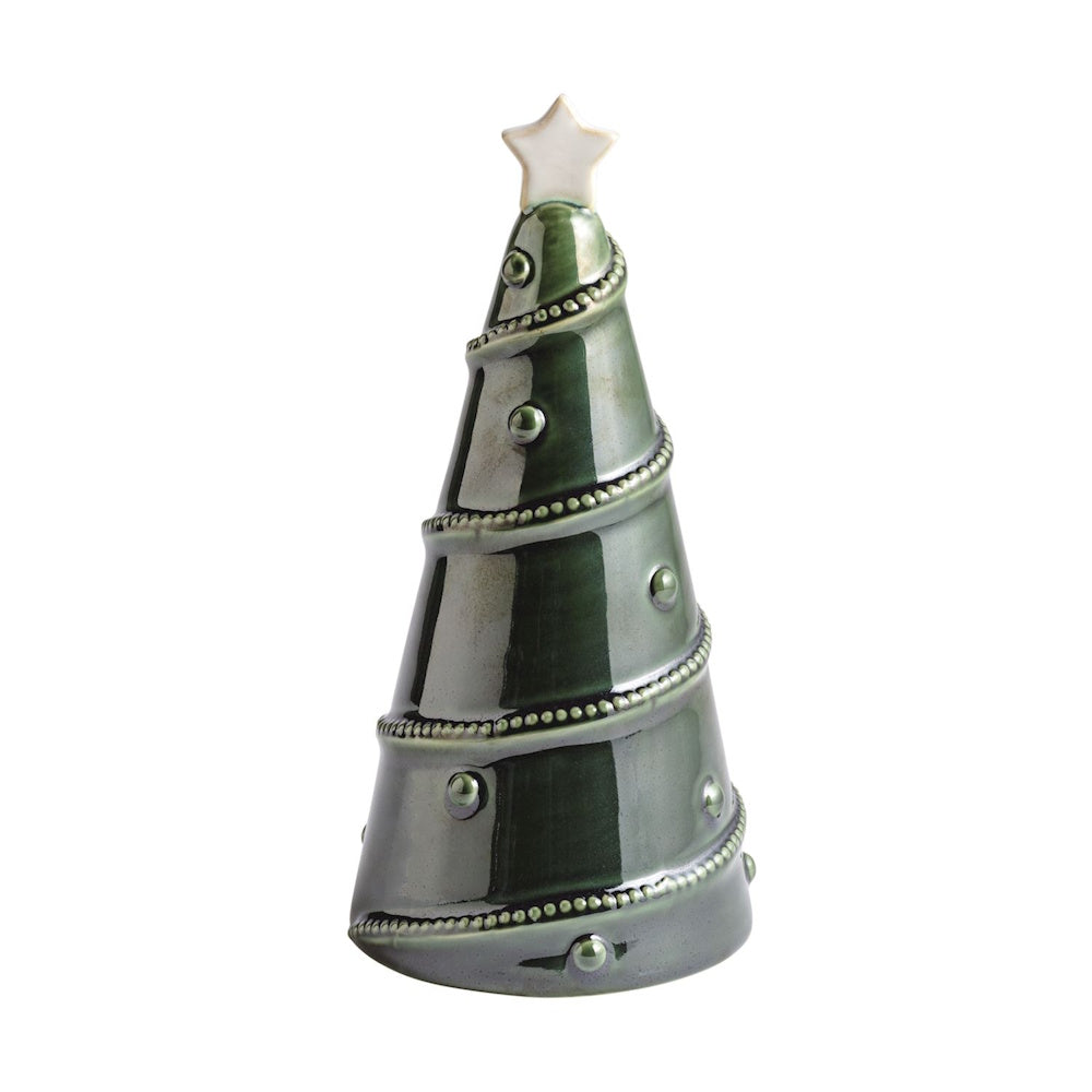 Glossy green ceramic Christmas tree figurine topped with a white star and beaded garland accents.