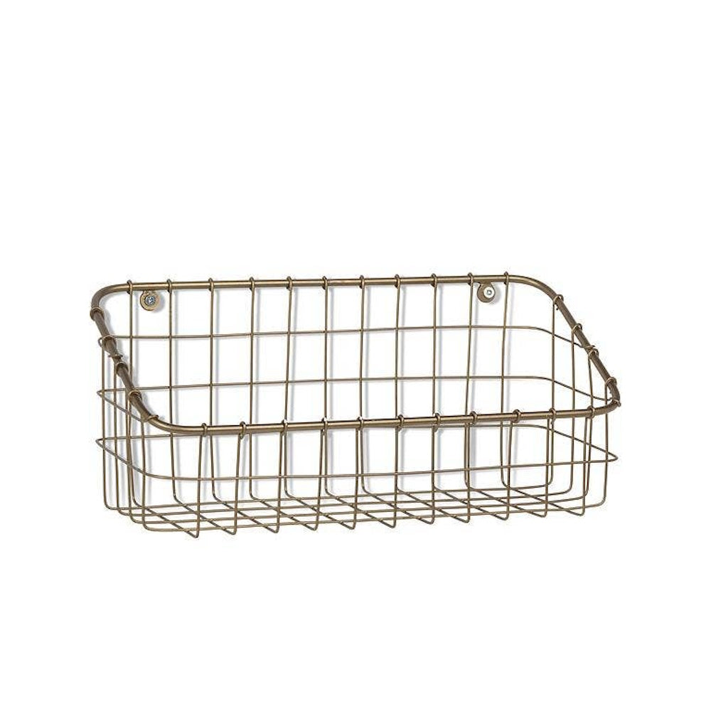 Rectangular brass wire wall-mounted storage basket on a solid white background.