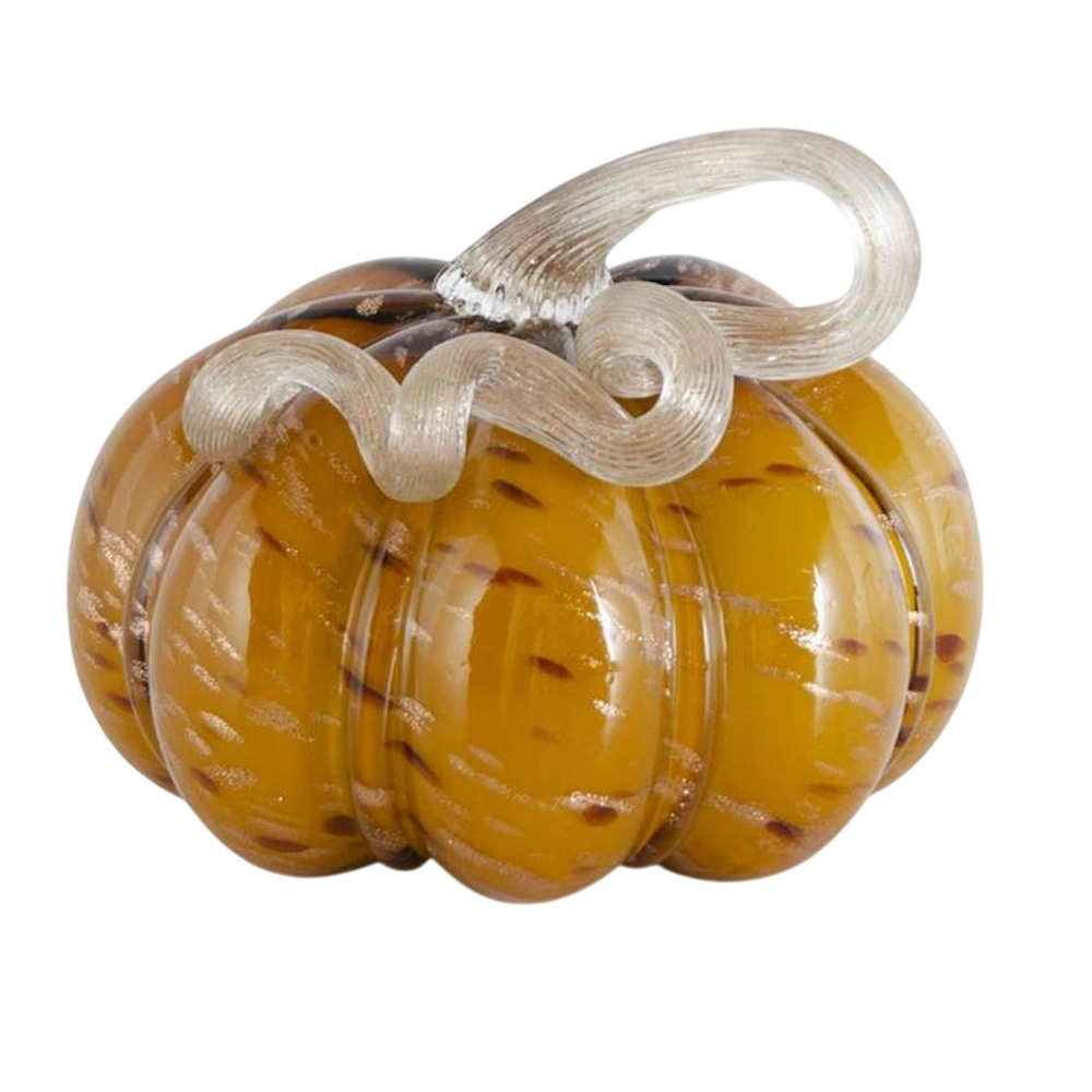 Yellow speckled handblown glass pumpkin with a clear curled stem for autumn tabletop decor.