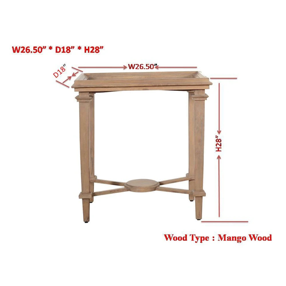 Natural mango wood accent table dimensions, 26.5 inch width, 18 inch depth and 28 inch height with tray top design.