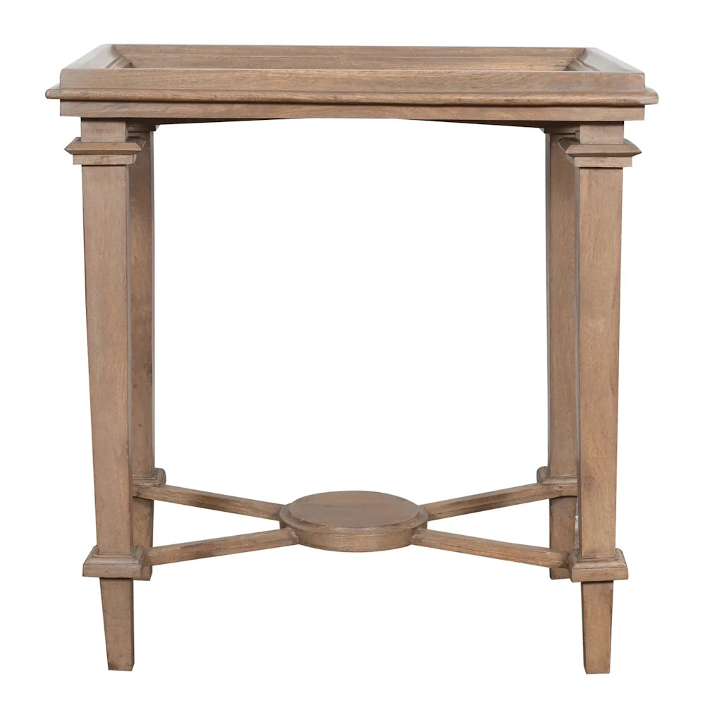 Front view of natural wood accent table with tray top, tapered legs and decorative stretcher base with center medallion.