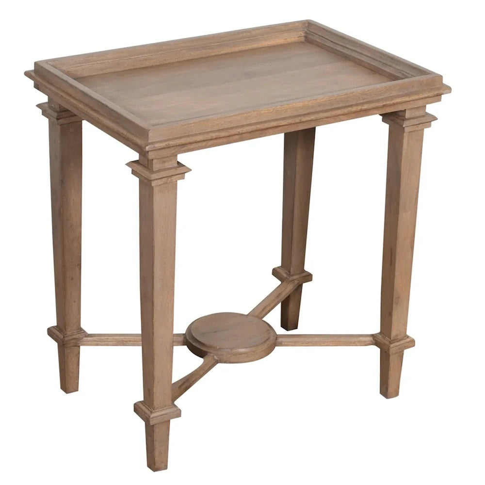 Natural wood accent table with tray top, square tapered legs and decorative stretcher base design.
