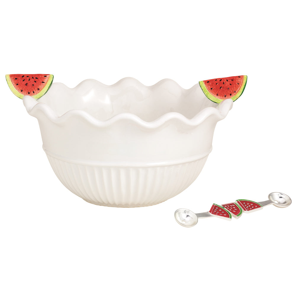 White ceramic ruffled serving bowl with watermelon slice accents on the rim and a matching double-sided melon baller tool.