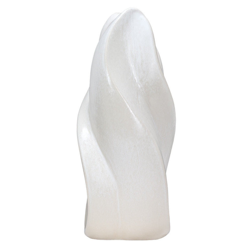 White ceramic Merlin tall vase with a modern twisted flame-inspired silhouette and a smooth matte finish.