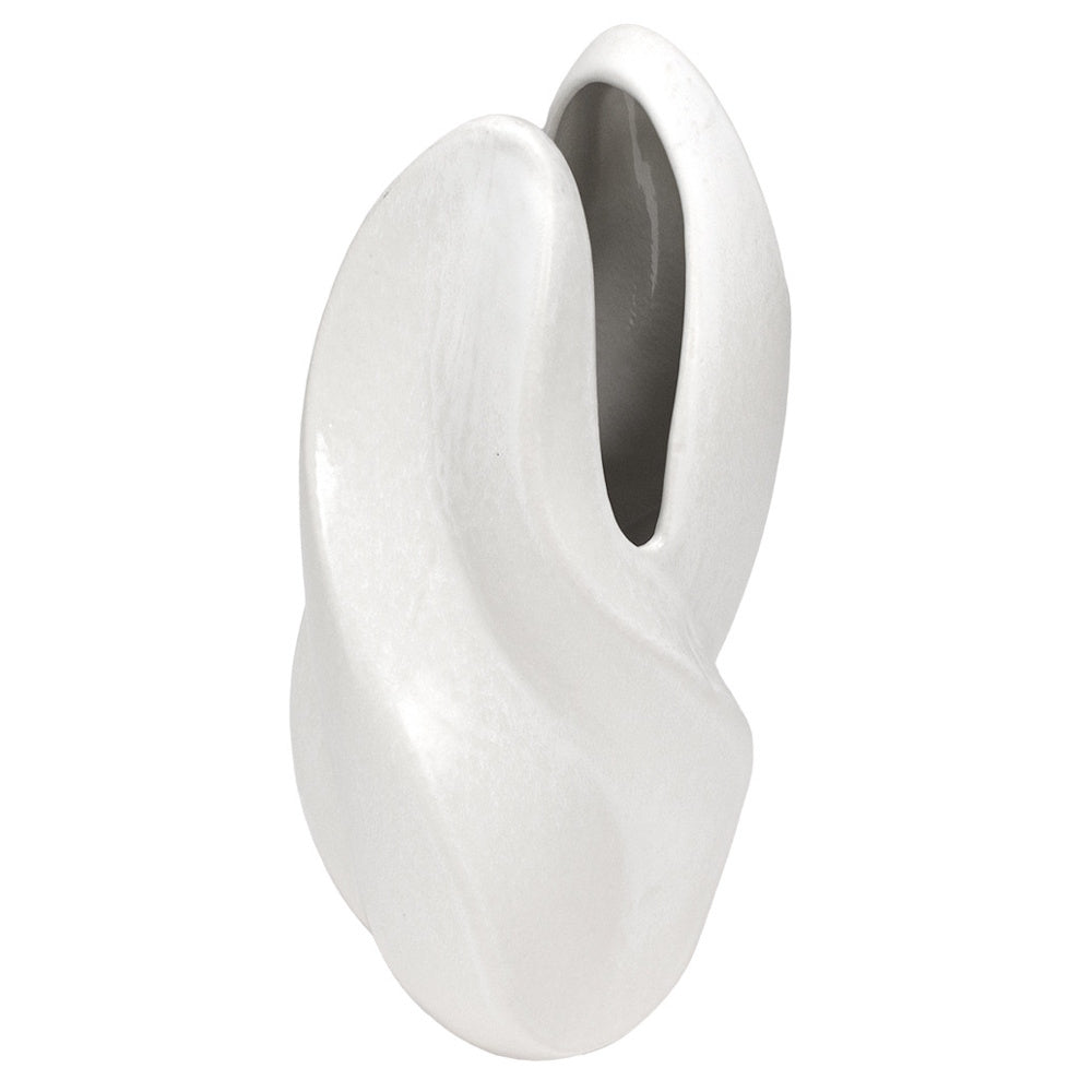 Modern abstract white ceramic vase with a twisted, sculptural silhouette and organic opening on a white background.