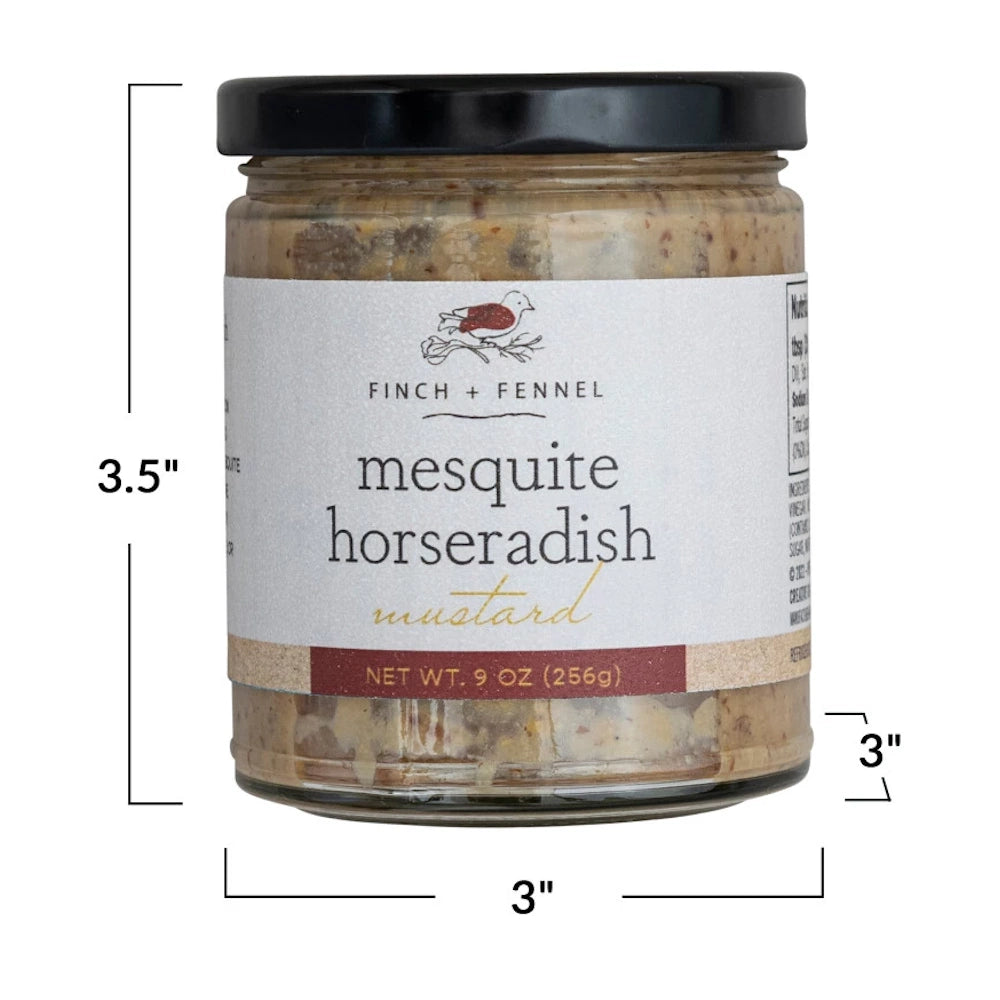 Finch + Fennel Mesquite Horseradish Mustard in a 9 oz glass jar with 3.5" by 3" dimensions labeled on a white background.
