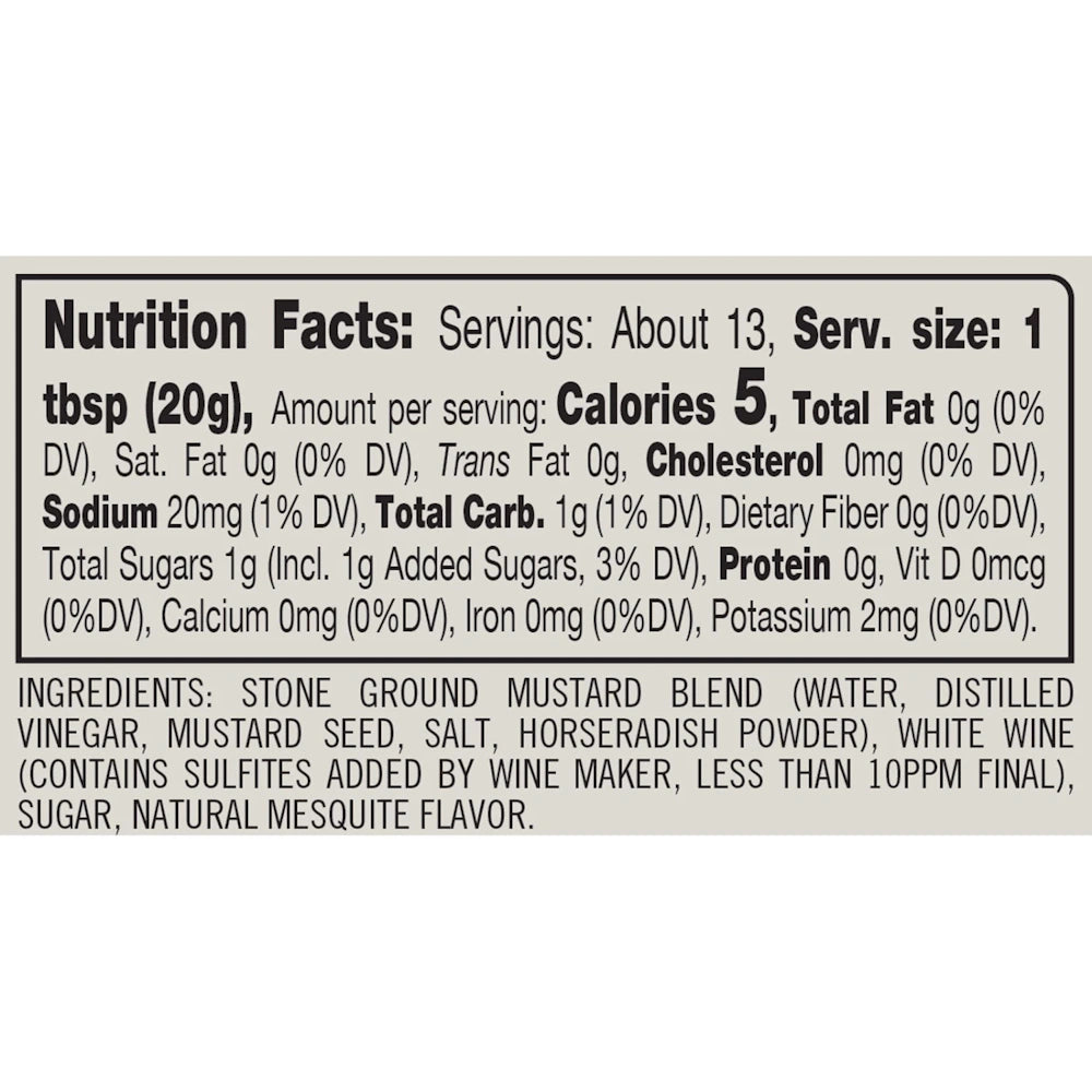 Nutrition facts and ingredients for mesquite horseradish mustard, showing 5 calories per tablespoon and stone ground seeds.