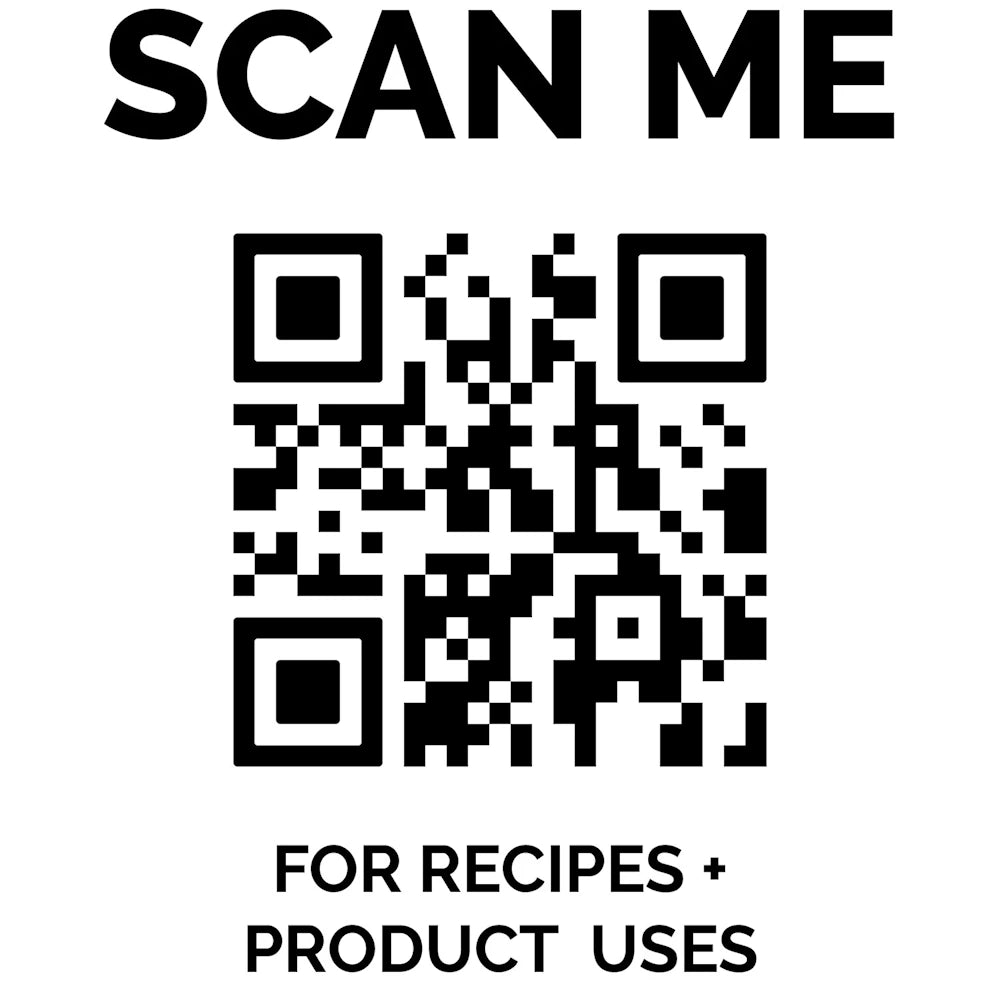 QR code with "SCAN ME" text above and "FOR RECIPES + PRODUCT USES" text below on a plain white background.