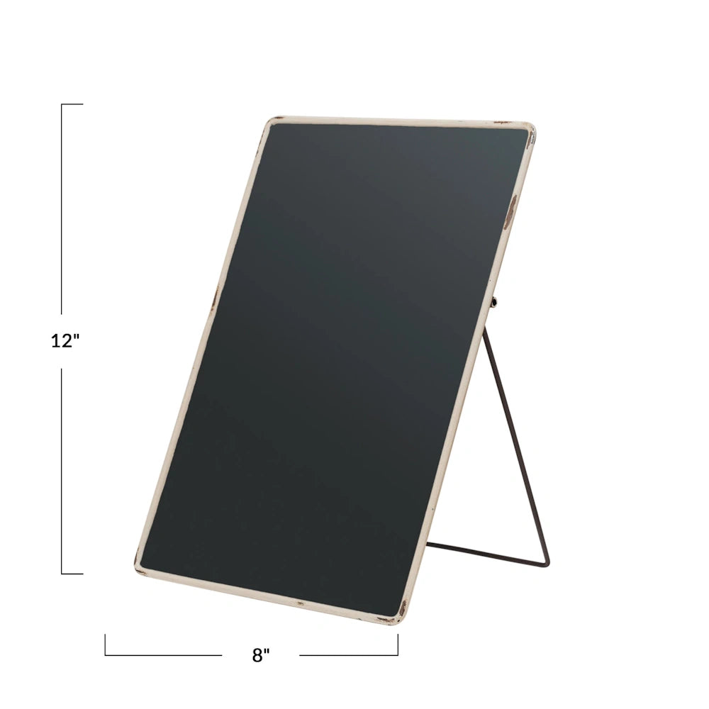 Small 12x8 inch tabletop chalkboard with a distressed cream metal frame and easel stand for weddings or menus.