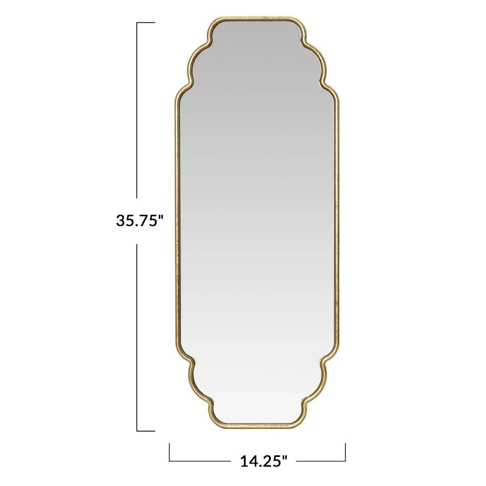 Gold scalloped wall mirror with a thin metal frame, measuring 35.75 inches by 14.25 inches. Direct front view on white.
