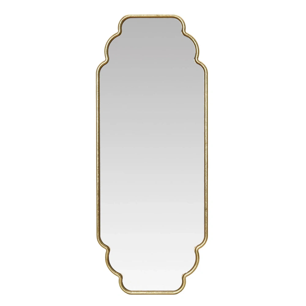 Tall scalloped wall mirror with a thin gold metal frame and a vintage-inspired ornate silhouette on a white background.