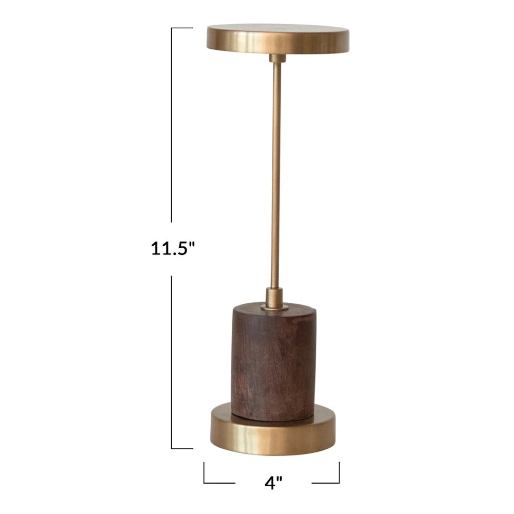 Modern brass and mango wood LED table lamp with 11.5-inch height and 4-inch base dimensions shown.