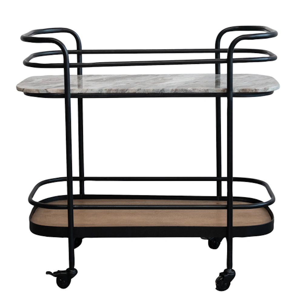 Modern 2-tier bar cart with white marble top, black metal frame, and wood bottom shelf on wheels.