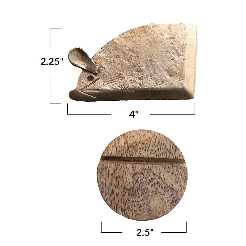Metal mouse-shaped cheese knife with mango wood base. Includes dimensions: 4" x 2.25" knife and 2.5" round base.