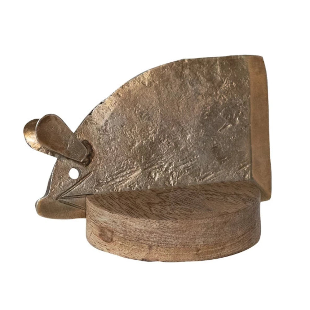 Metal mouse-shaped cheese knife with a textured gold finish and a semi-circle mango wood base on a white background.