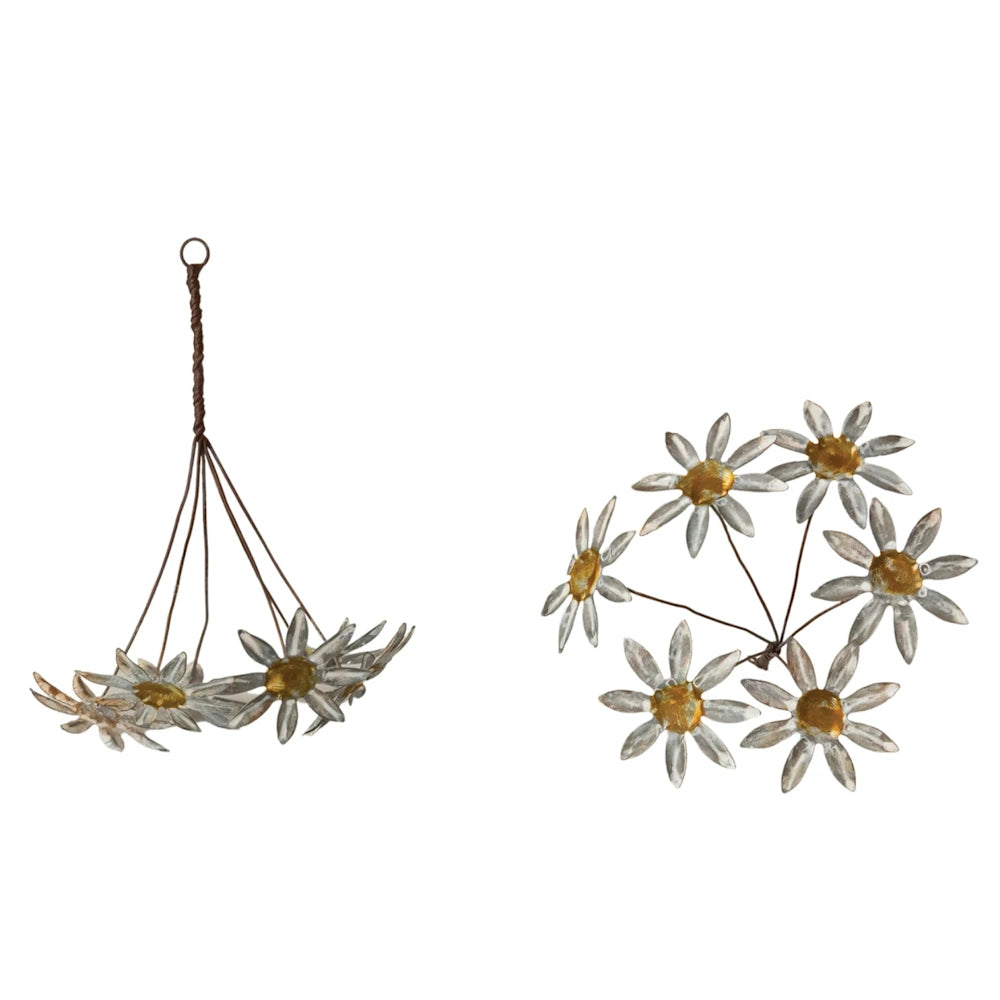 Vintage-style metal hanging daisy bunch shown hanging from a wire loop and viewed directly from below.