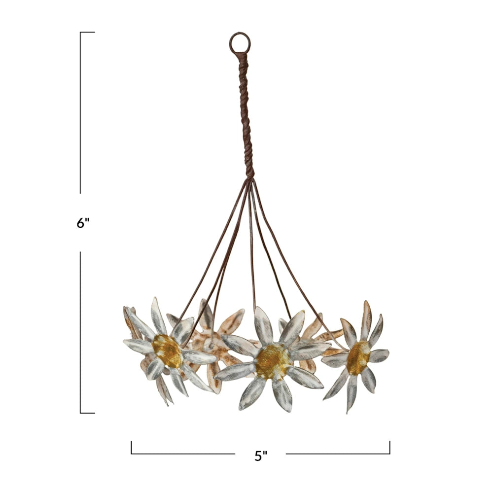 Metal vintage-style hanging daisy ornament with dimensions labeled as 6 inches high by 5 inches wide.