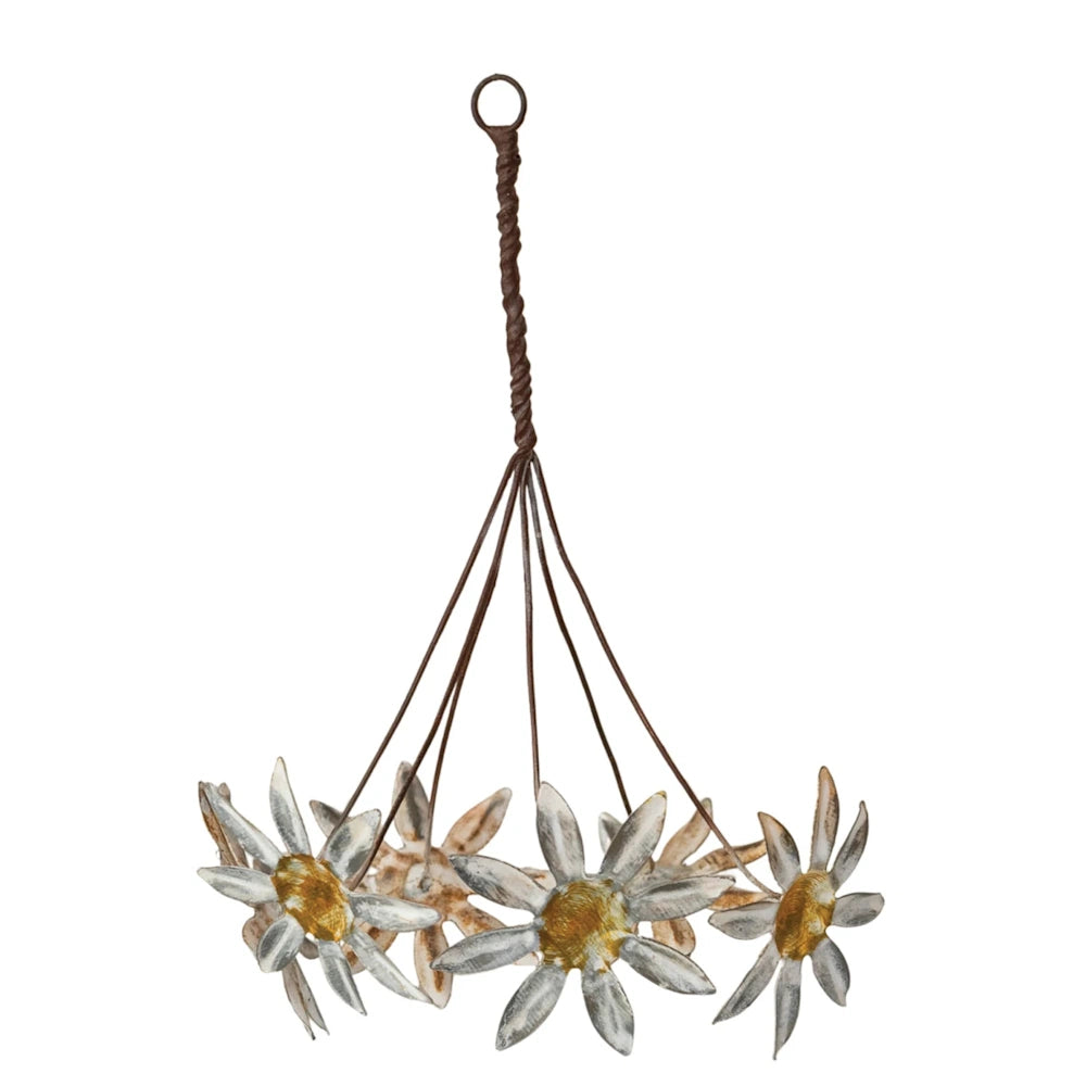 Vintage-style metal toleware hanging ornament featuring a bunch of rustic painted daisies with wire stems.