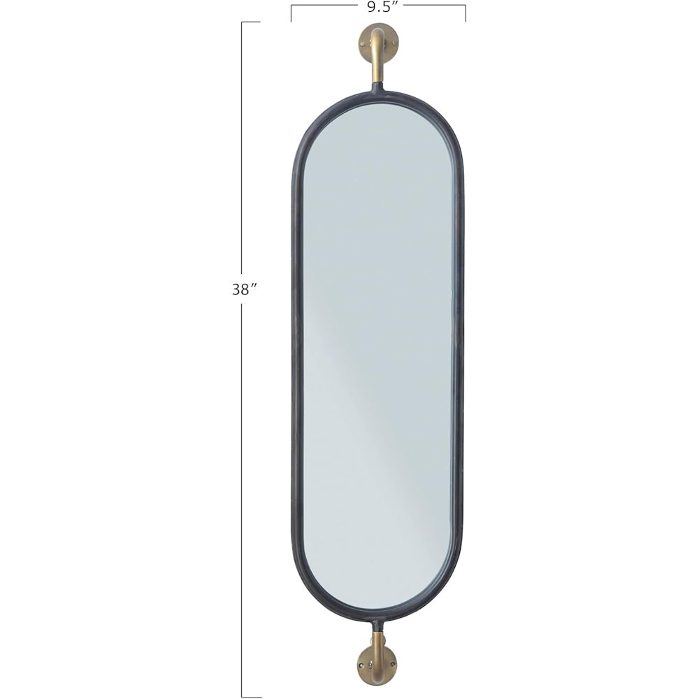 Dimensions for oval wall-mount mirror with black frame and brass brackets: 38 inches high by 9.5 inches wide.