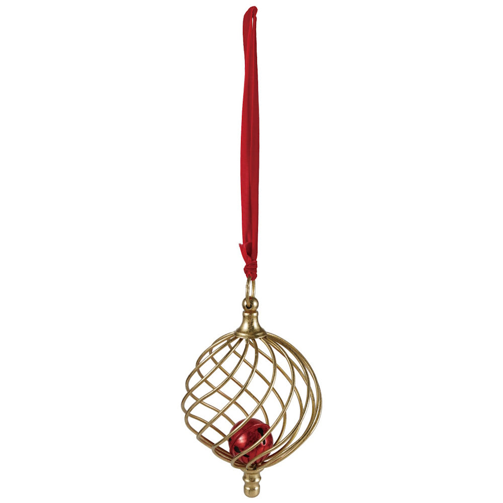 Gold wire cage ornament containing a red bell, hanging from a long red velvet ribbon.