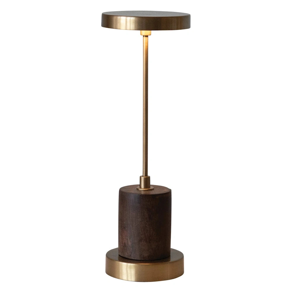 Modern brass and mango wood LED table lamp with a minimalist slim stem and cylindrical wooden base.