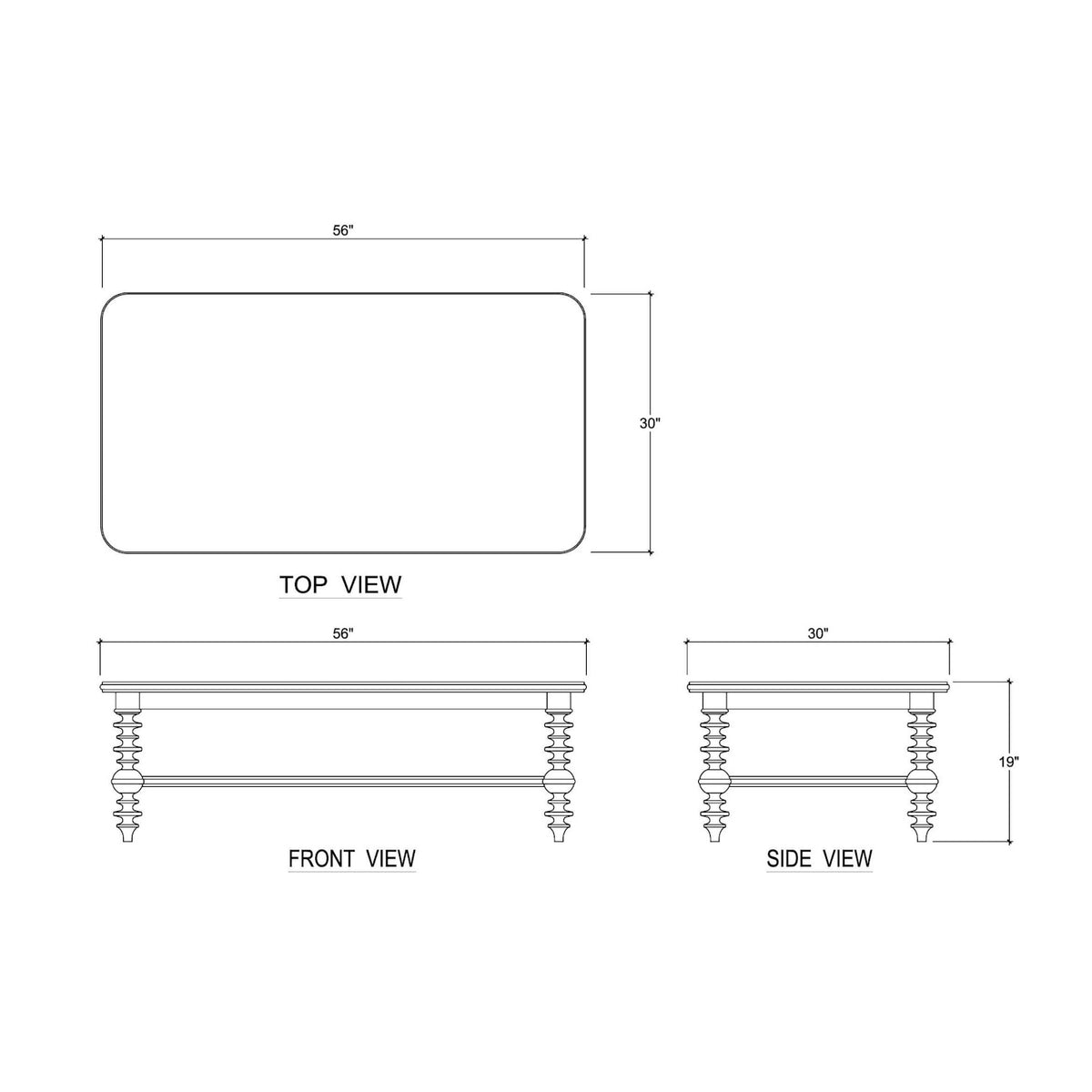 Milano coffee table dimensions blueprint showing top front and side views measuring 56 by 30 by 19 inches.