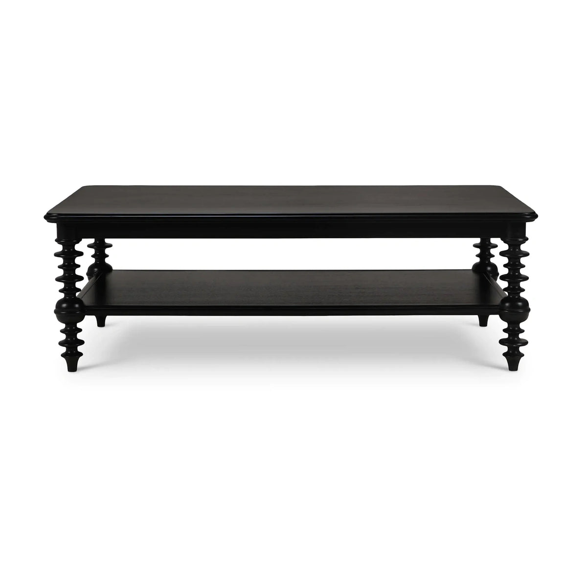Black wood coffee table with a lower storage shelf and decorative turned spindle legs on a white background.