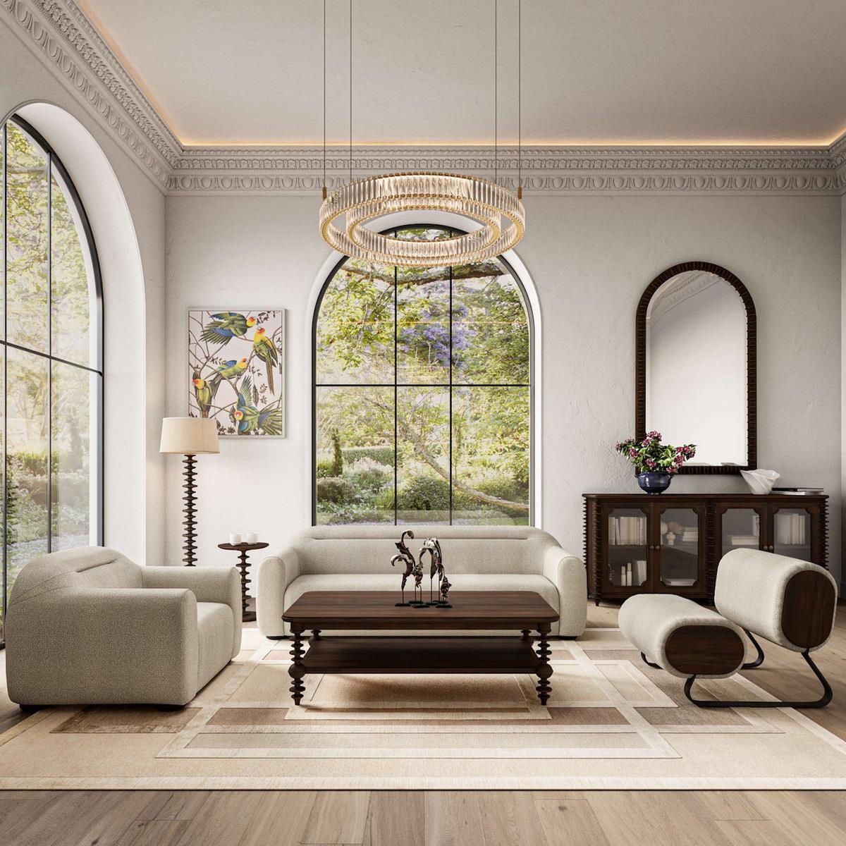 Modern living room featuring a dark wood coffee table, cream sofas, and a large round chandelier.