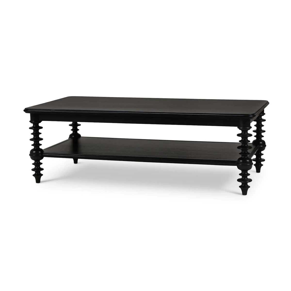 Black wooden Milano coffee table with carved legs and bottom storage shelf.