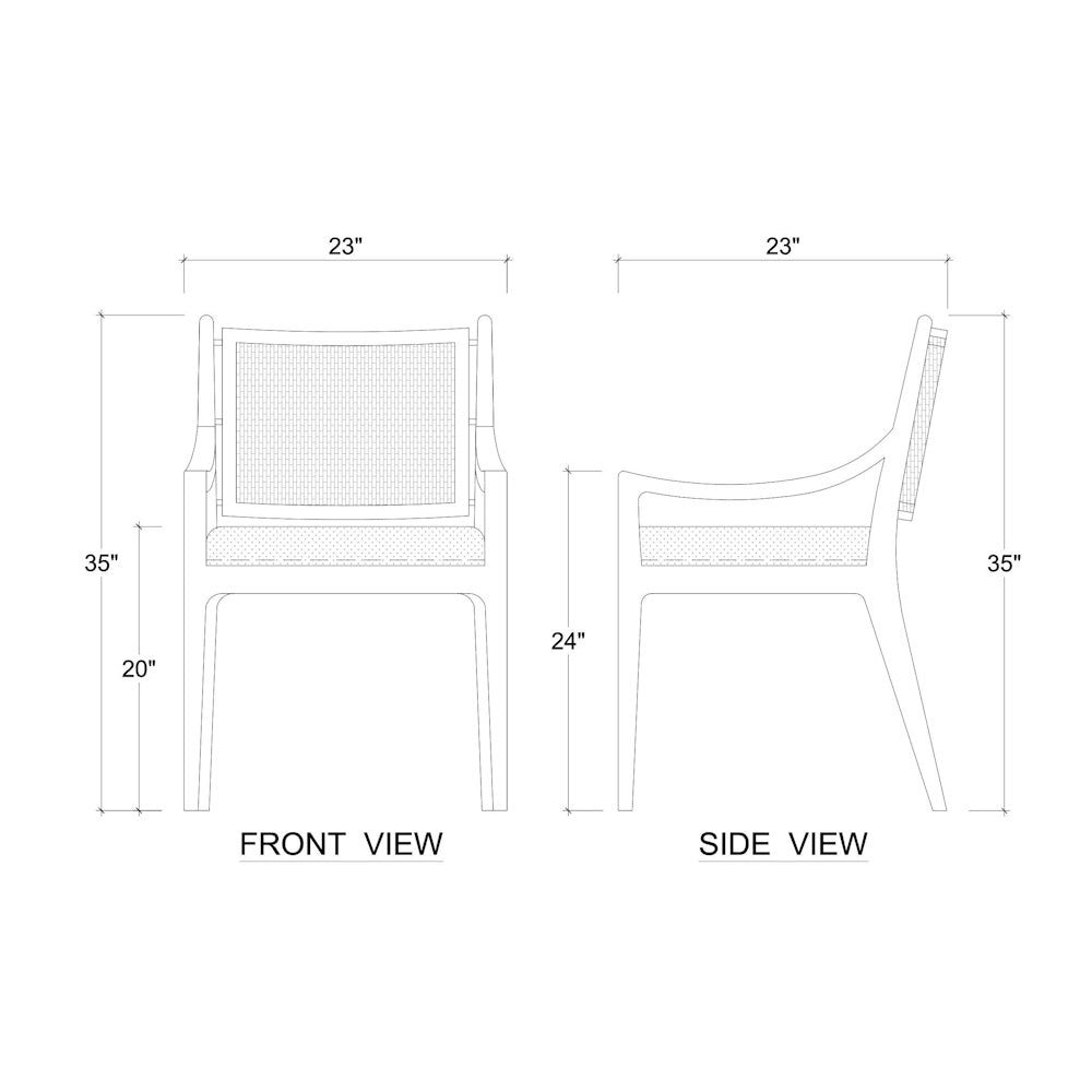 Milano dining chair dimensions diagram showing front and side views with measurements.