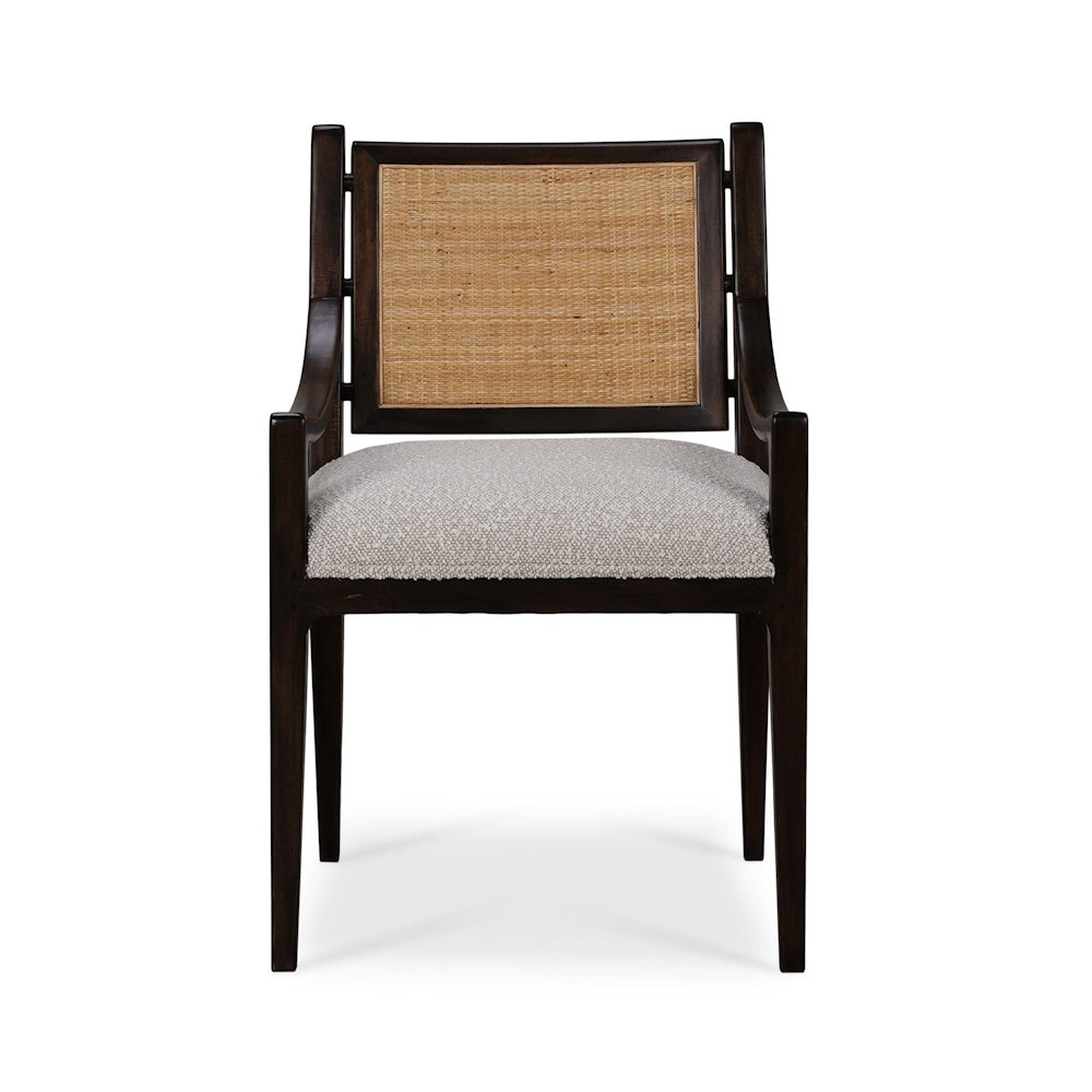 Front view of Milano dining chair featuring a rattan back and textured beige upholstered seat.
