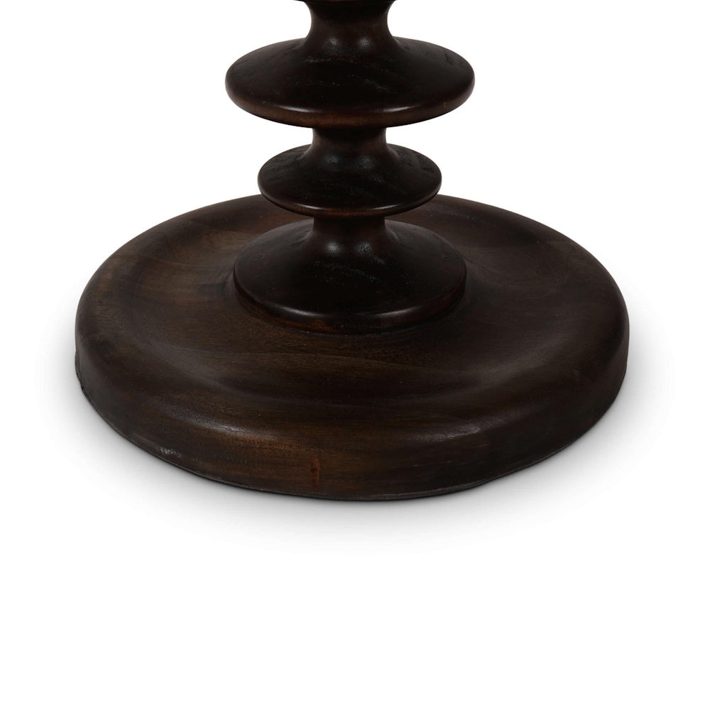 Milano dark wood round side table pedestal base with hand carved tiered design.