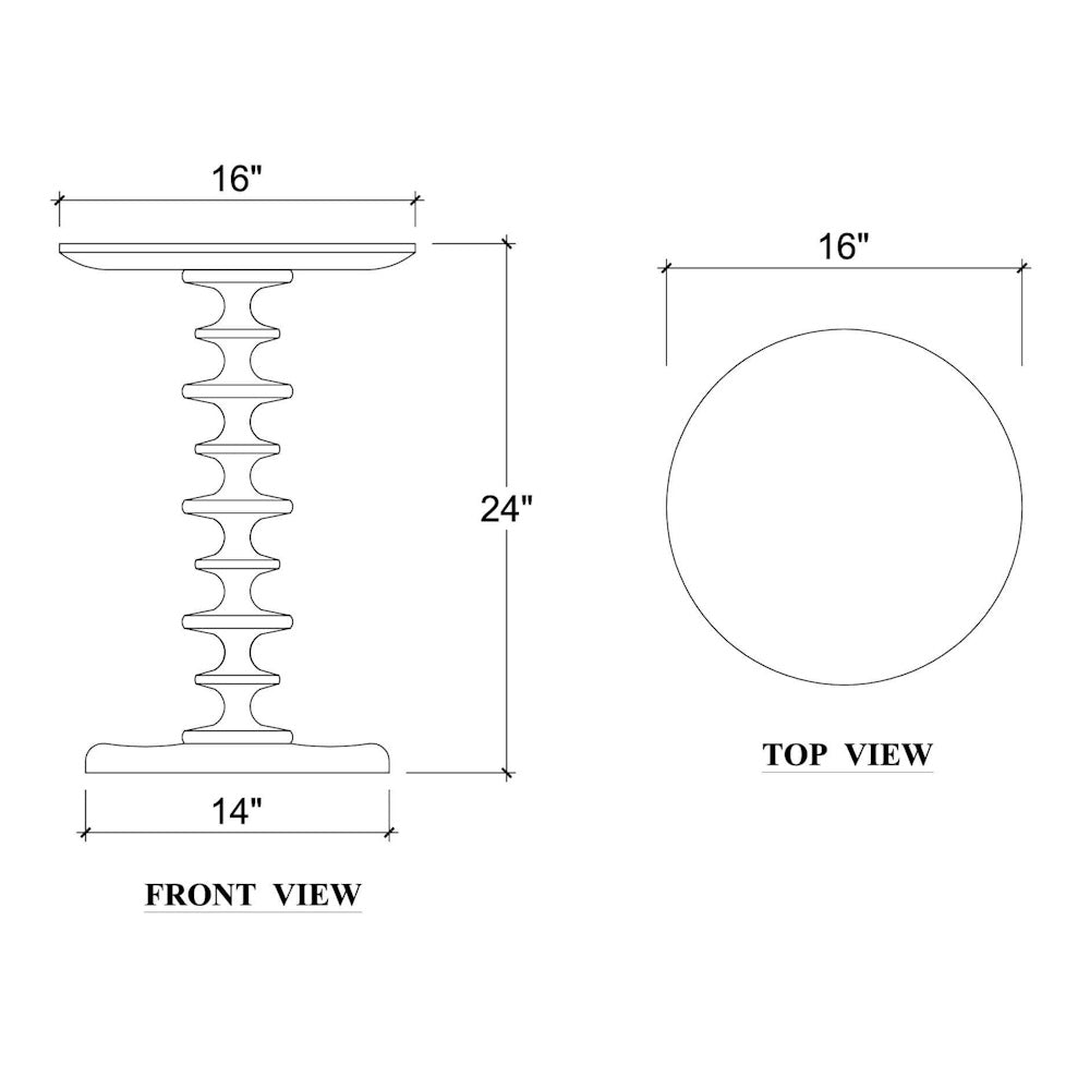 Round side table dimensions diagram showing front and top views measuring 16 inches wide by 24 inches high.