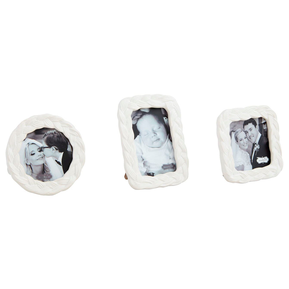 Three Mud Pie mini white stoneware picture frames with braided borders in round, rectangle, and square shapes.