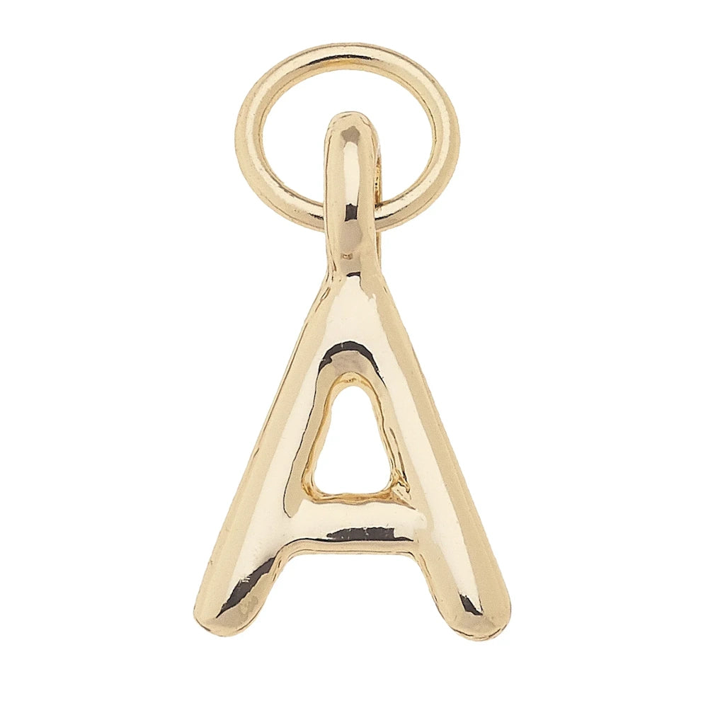 Mini initial charm pendant in shiny gold-plated metal shaped like the letter A with a circular jump ring attachment.
