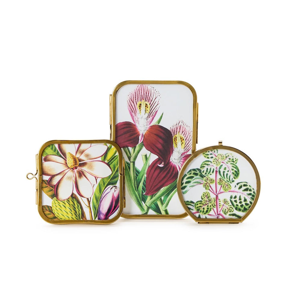 Set of three antique gold metal mini photo frames featuring botanical illustrations of plants.