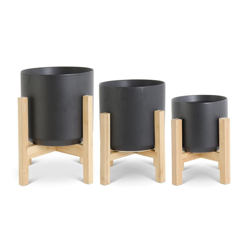 Medium Modern Black Ceramic Pot on Bamboo Stand — alternate view 2