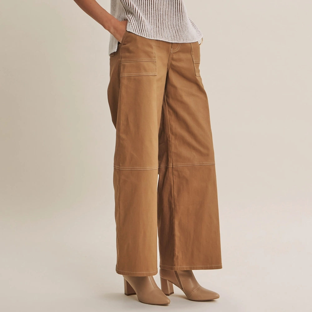 Camel wide-leg cotton twill pants with contrast white stitching and front utility pockets.