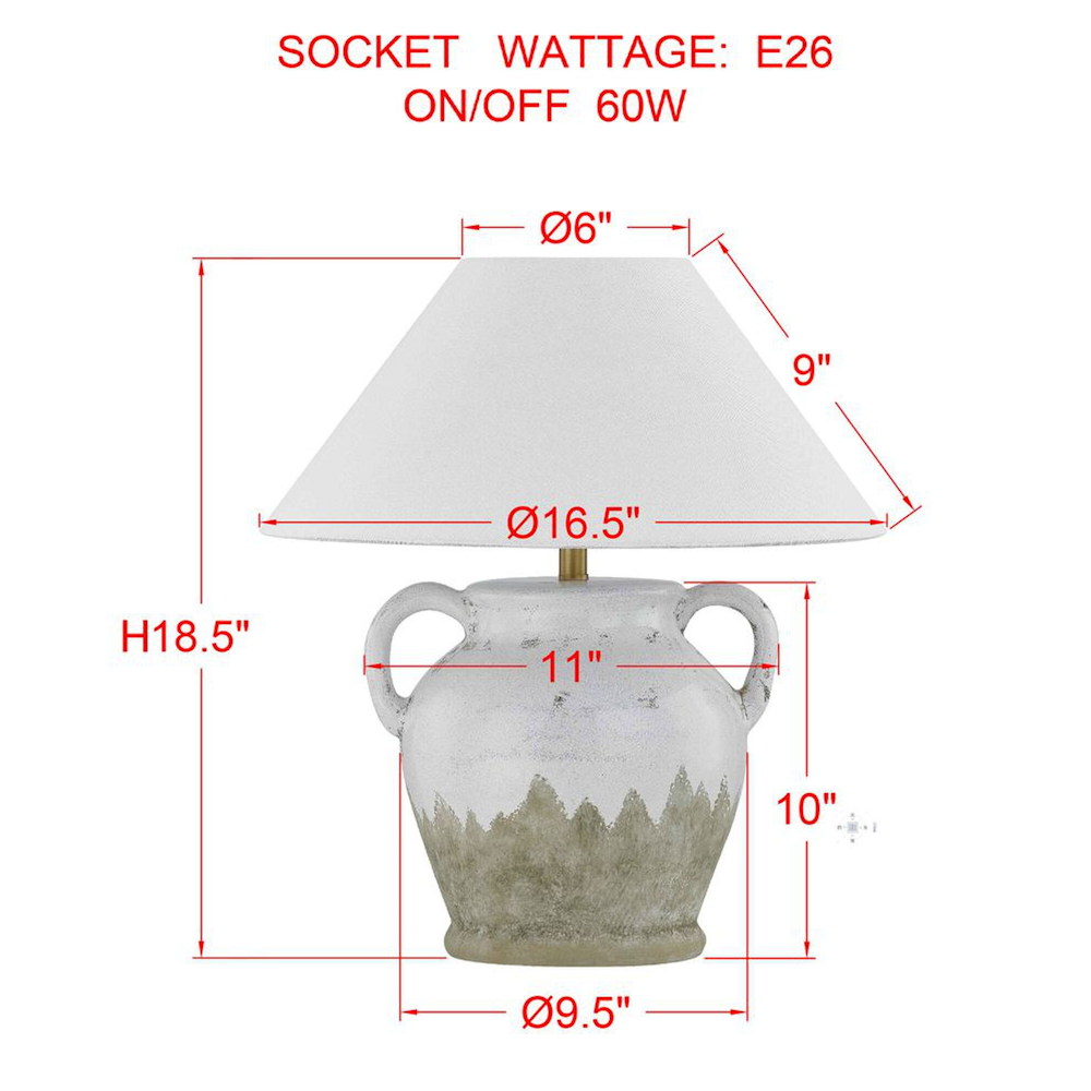 Rustic table lamp dimensions diagram showing 18.5" height, 16.5" shade width, and E26 60W socket specifications.