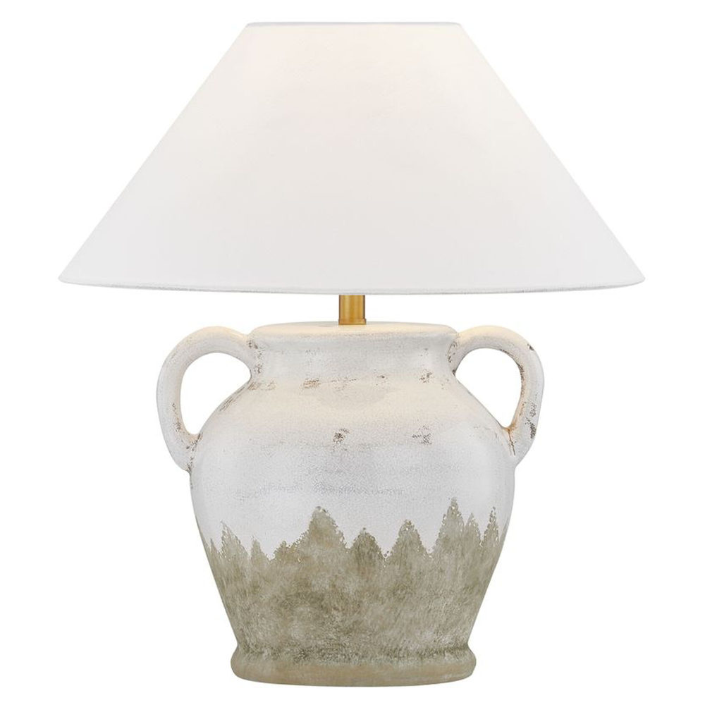 Rustic white ceramic amphora table lamp with distressed base and white tapered shade for farmhouse home decor.