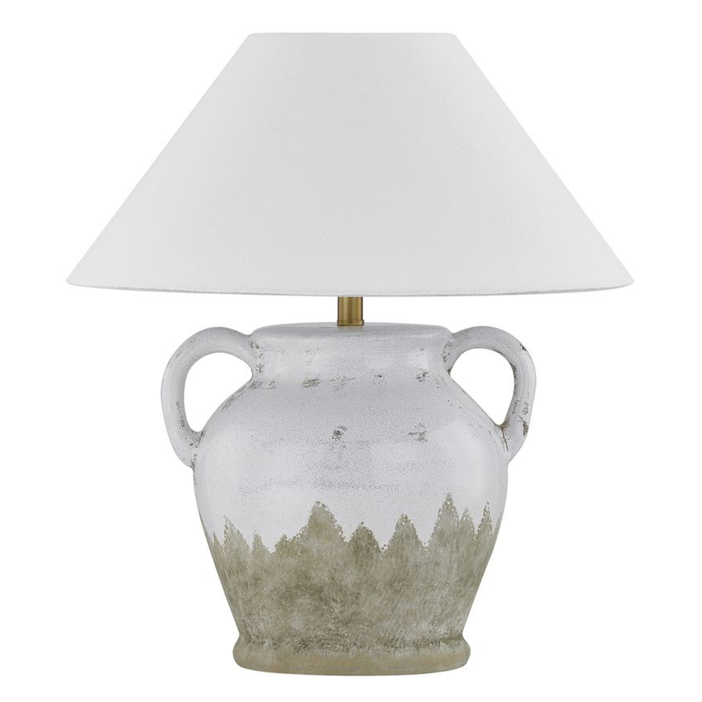 Rustic white ceramic table lamp with weathered amphora jar base and white fabric shade for farmhouse home decor.