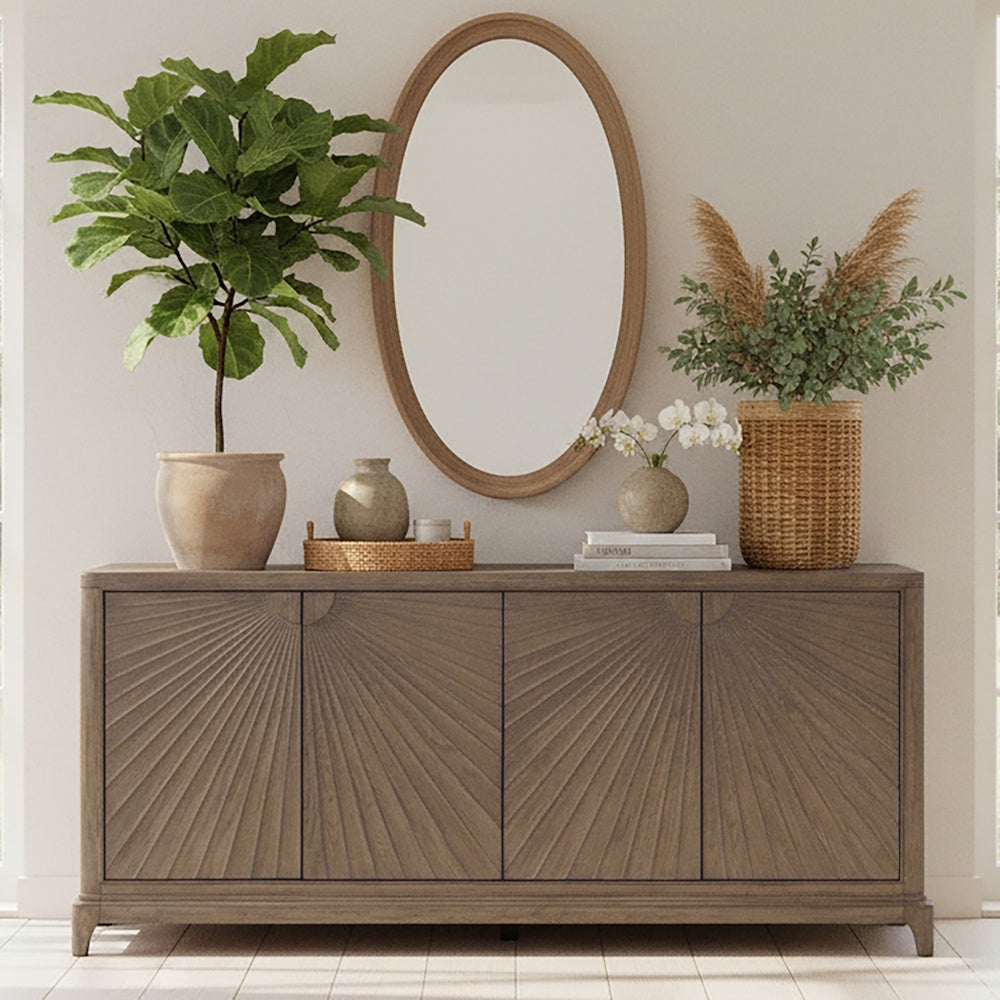 Wooden accent cabinet with a sunburst four-door design styled in a bright living room setting.