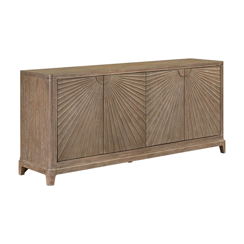 Wooden accent cabinet with four doors featuring a sunburst design.