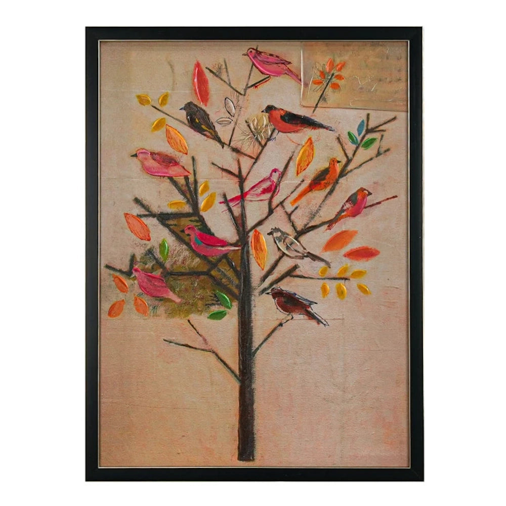 Framed canvas wall decor featuring colorful stylized birds and autumn leaves on a whimsical tree with a black frame.