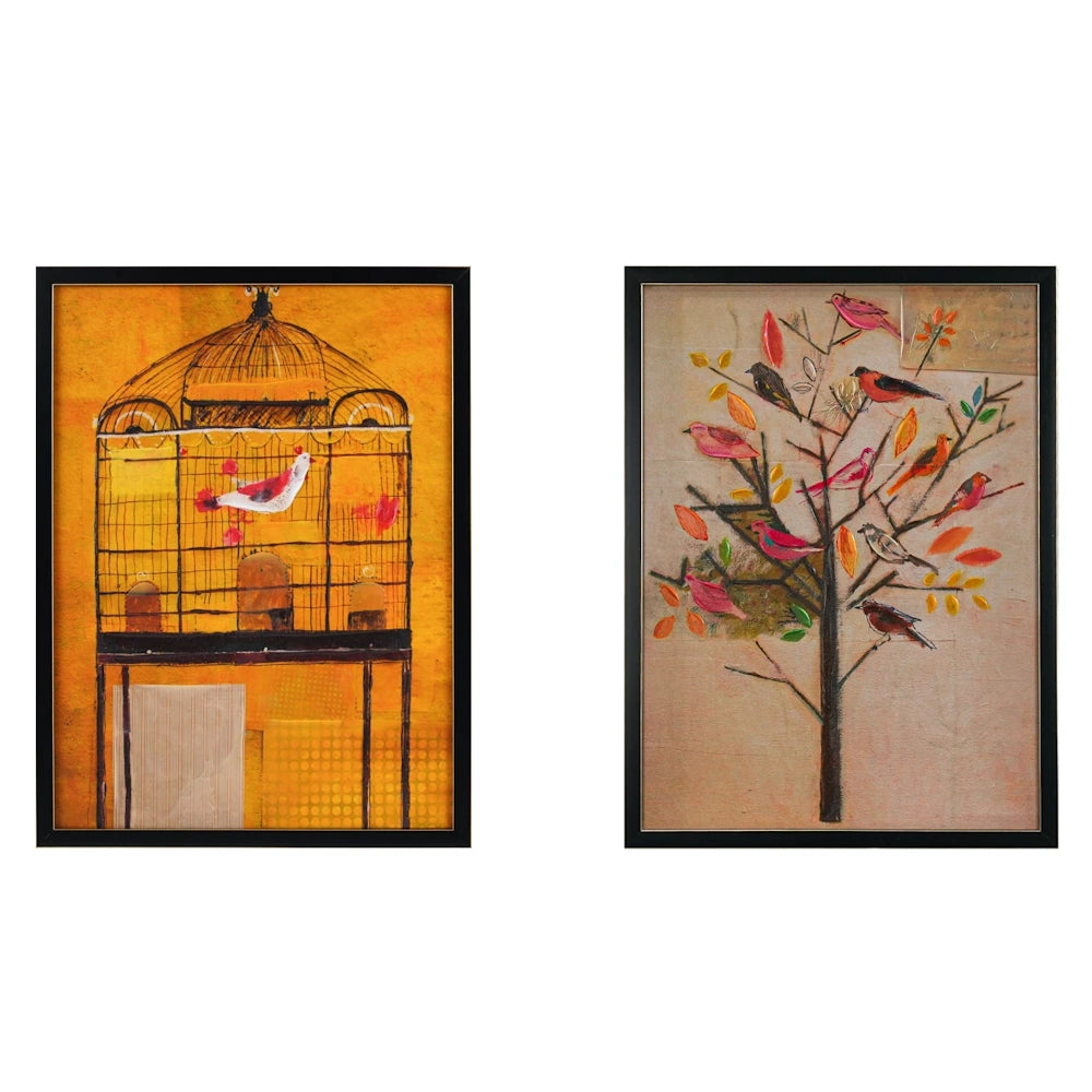 Set of two framed bird art prints featuring a vintage birdcage and a colorful bird tree on neutral backgrounds.